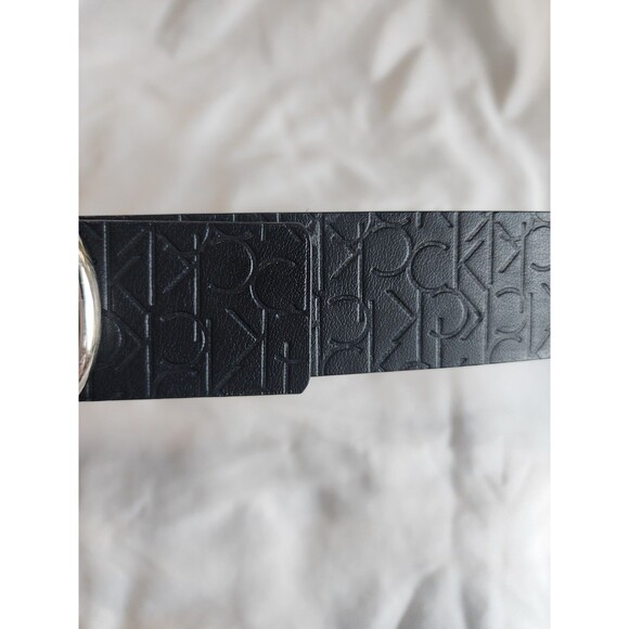 Calvin Klein Womens Black Embossed Logo Belt Silver Buckle Faux Leather Sz Small - Picture 5 of 15